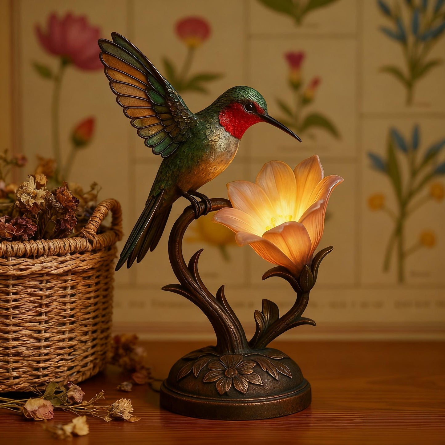 “Messenger of Light” – 💚Handcrafted Hummingbird Flower Lamp✨