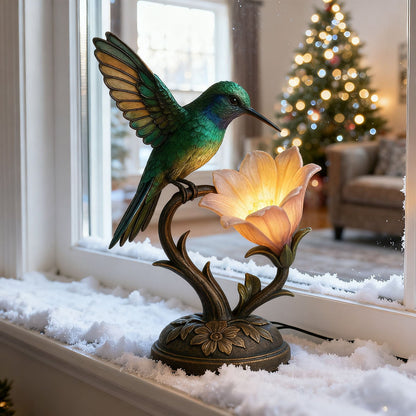 “Messenger of Light” – 💚Handcrafted Hummingbird Flower Lamp✨