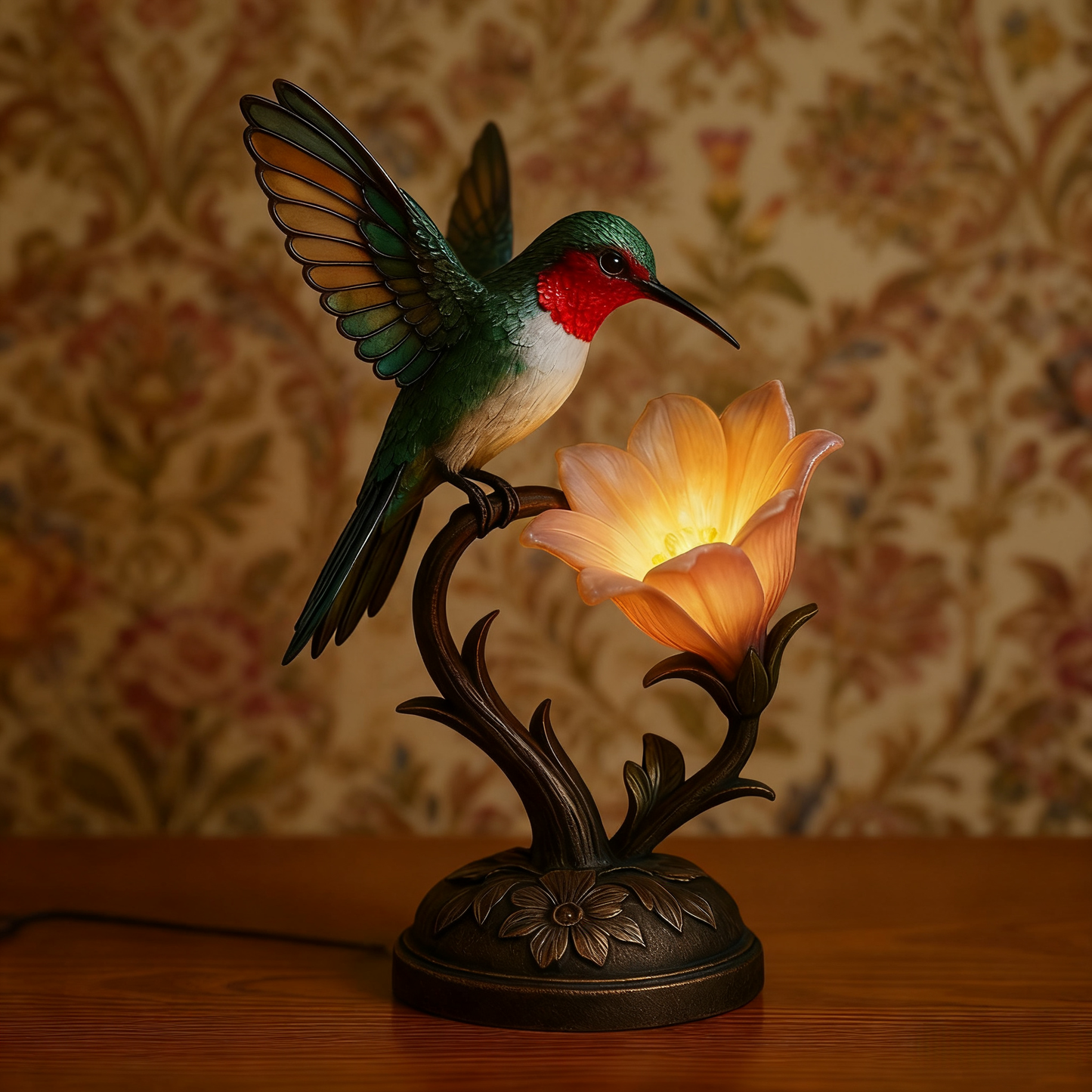 “Messenger of Light” – 💚Handcrafted Hummingbird Flower Lamp✨