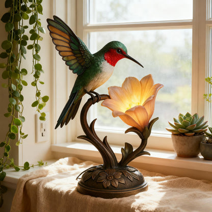“Messenger of Light” – 💚Handcrafted Hummingbird Flower Lamp✨